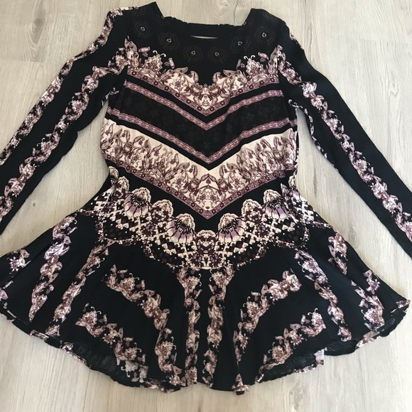 Free People Black Geometric Mini Dress Long Sleeve Open Back, XS, Festival Dress - Picture 11 of 13